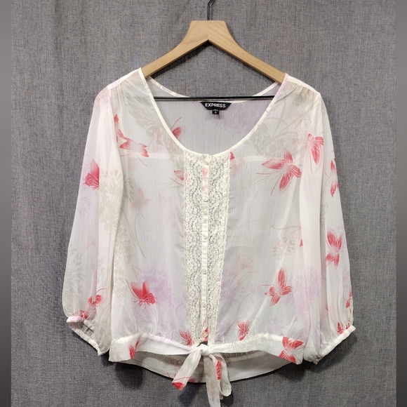 Express Butterflies Sheer Top Women's M White Pink Cottagecore Peasant Retro 90s - Picture 1 of 8